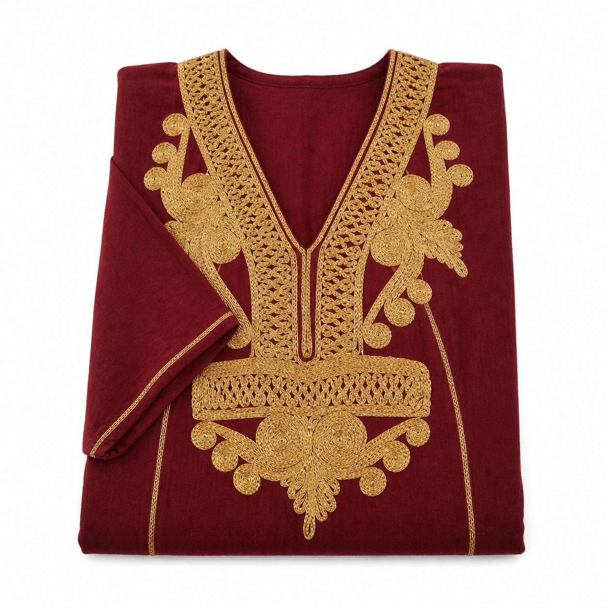 Berber Embroidered Gandoura Dress Burgundy Boho Maxi Kaftan