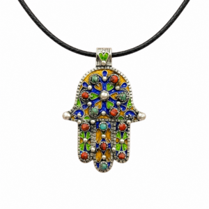 Berber Hamsa Hand Silver Handmade Enamel Pendant Necklace