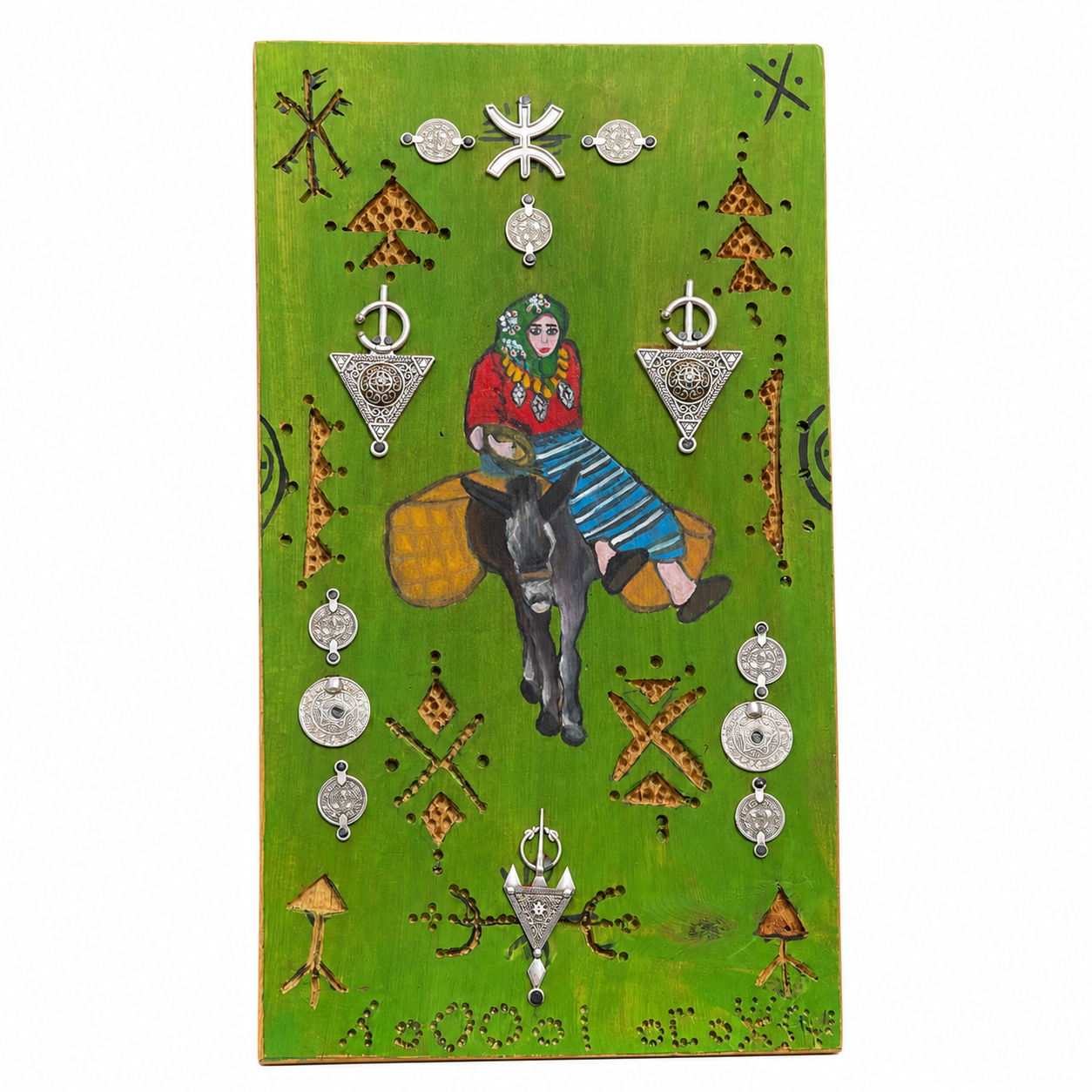 Berber Hand-Painted Wooden Donkey Market Scene Wall Art
