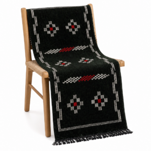 Berber Handmade Black Runner Geometric Rug With Red White Accents