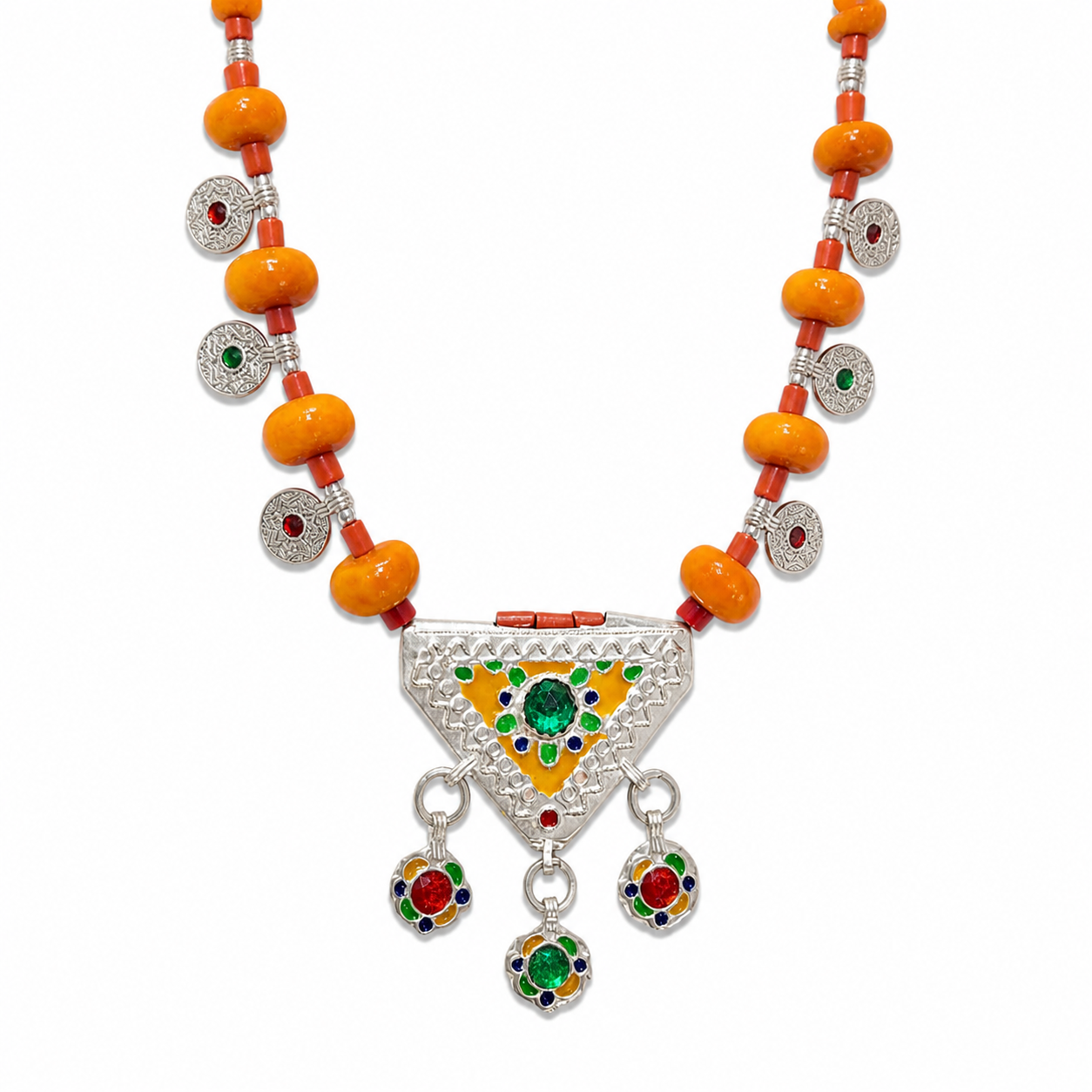 Berber Handmade Enamel Pendant Silver Tone Ethnic Necklace