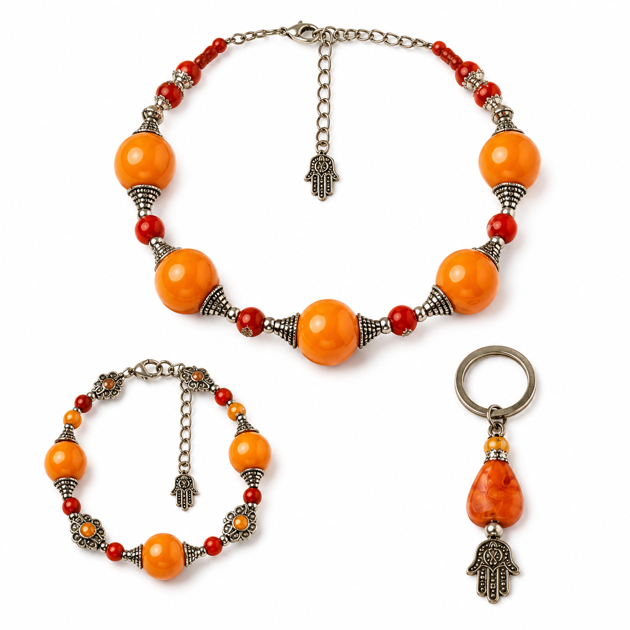 Berber Jewelry Set Orange Statement Handmade Bracelet Necklace