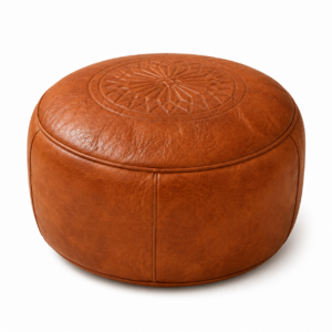 Berber Leather Handmade Cognac Round Ottoman Unstuffed Pouf