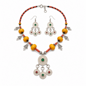 Berber Necklace and Traditional Jewelry Amber Earrings Set