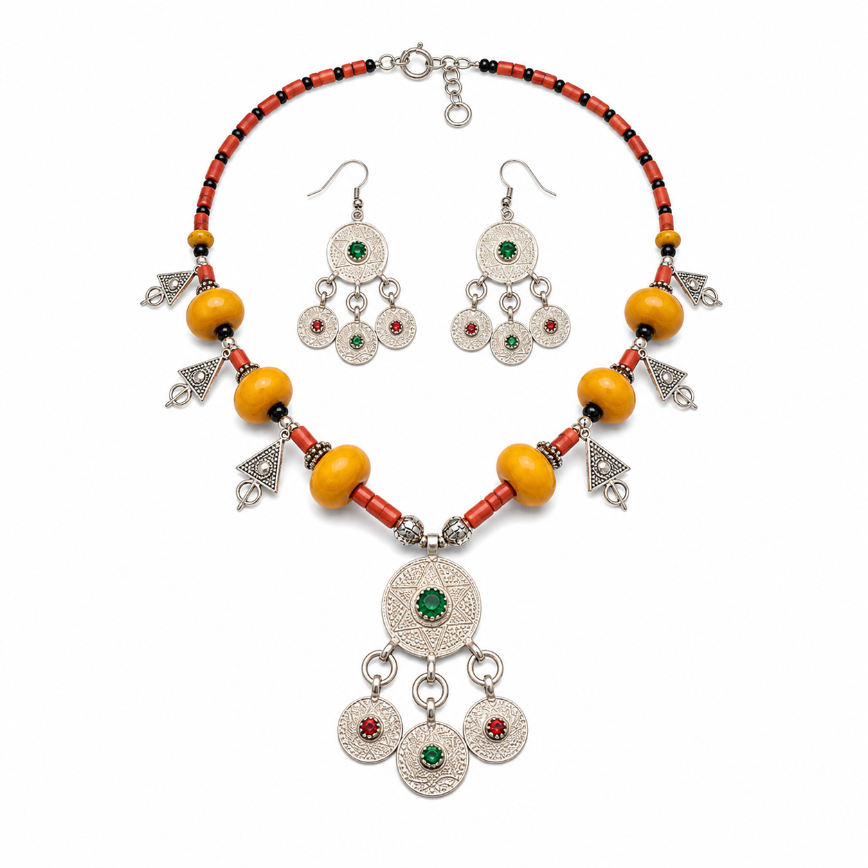 Berber Necklace and Traditional Jewelry Amber Earrings Set