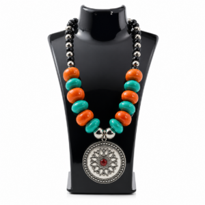 Berber Pendant Necklace with Orange and Green Resin Beads
