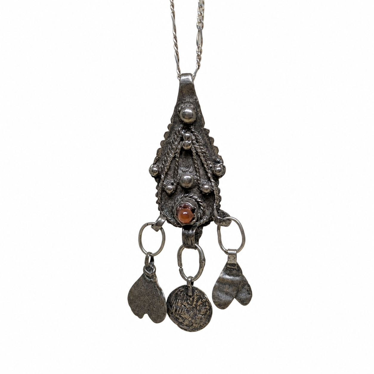 Berber Pendant • Silver-Tone • Carnelian Stone Amulet • • North Necklace