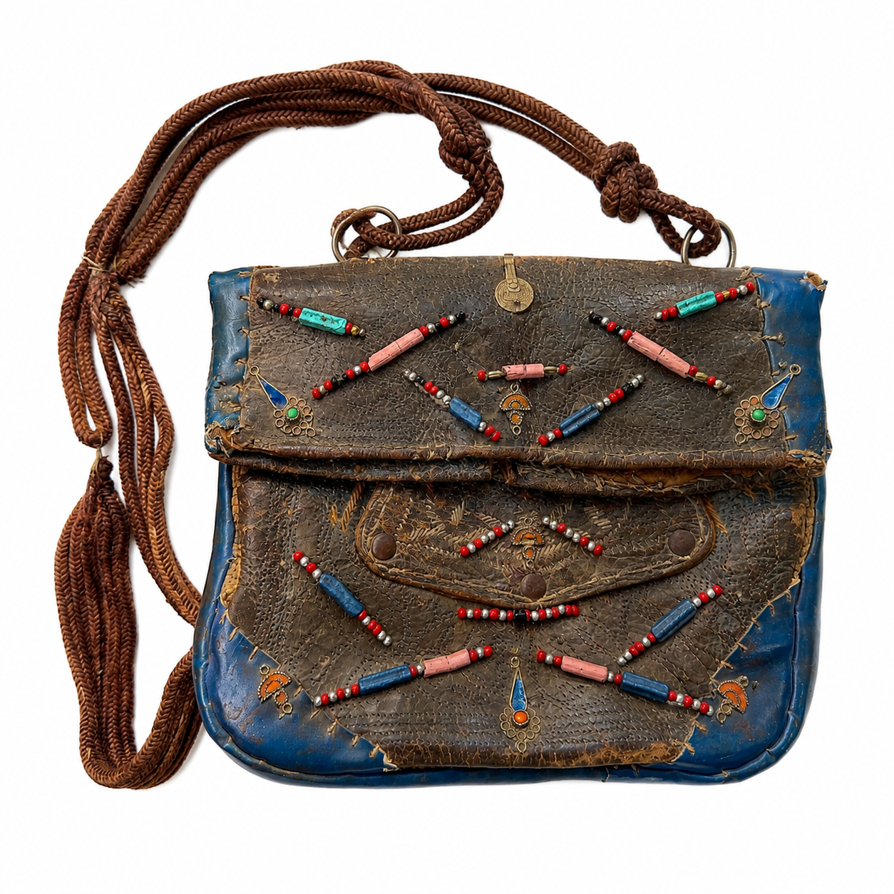 Berber Rare Vintage Handmade Leather Beaded Purse Bag