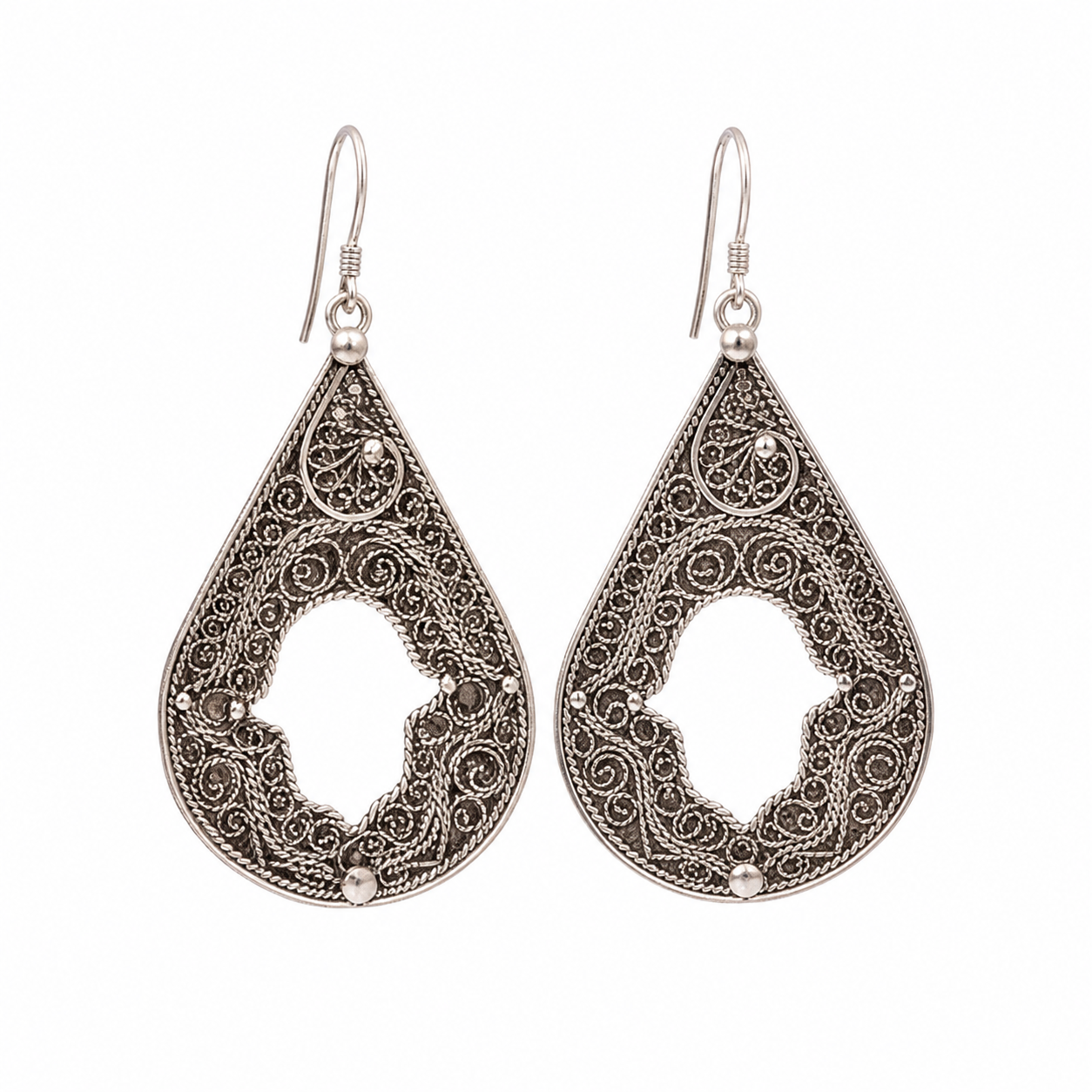 Berber Silver Filigree Handmade Hamsa Dangle Artisan Earrings