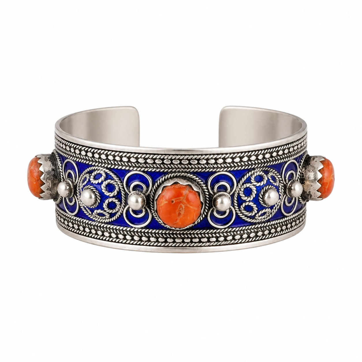 Berber Silver Handmade Jewelry Coral Stone Cuff Bracelet
