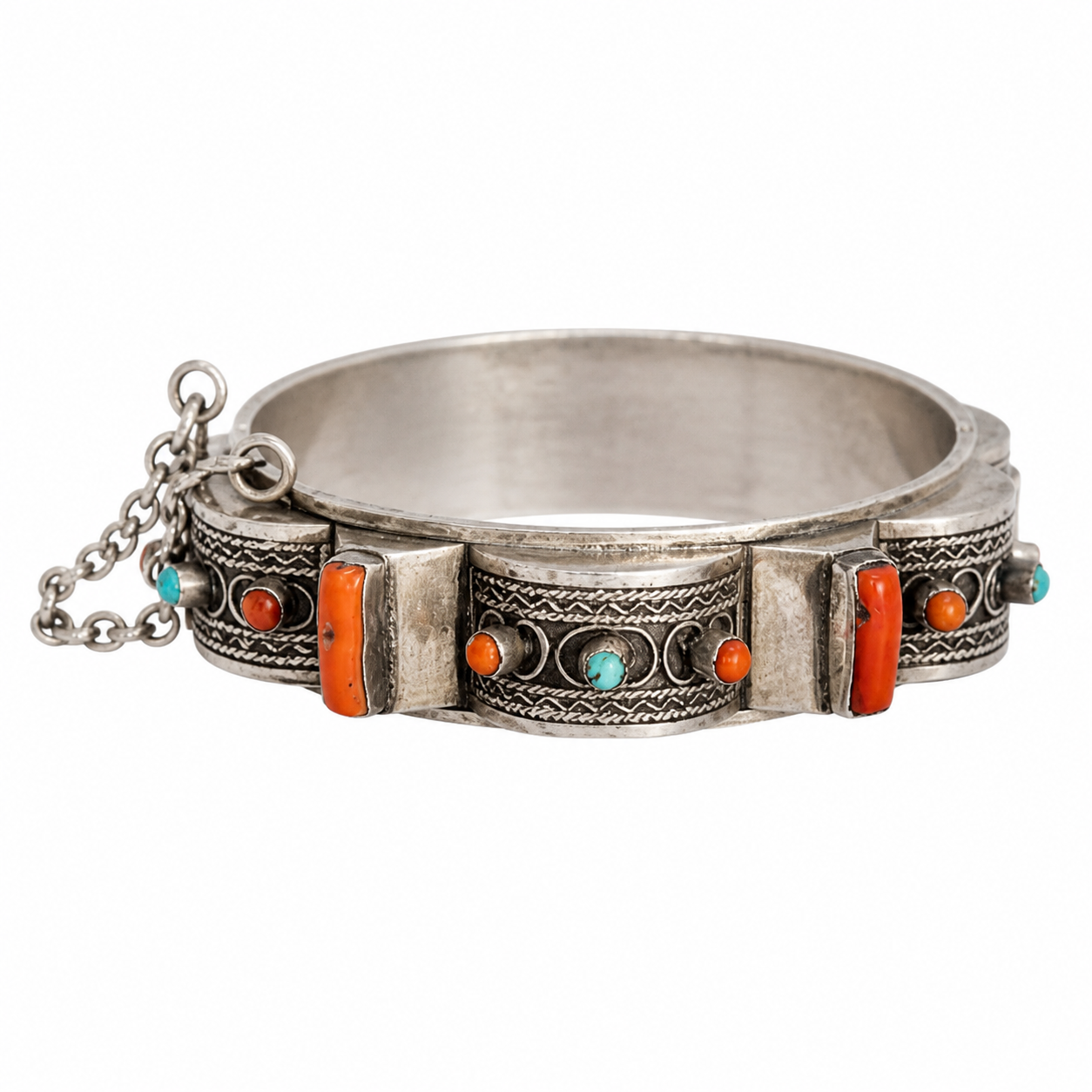 Berber Silver Handmade Jewelry Turquoise Coral Stones Bracelet