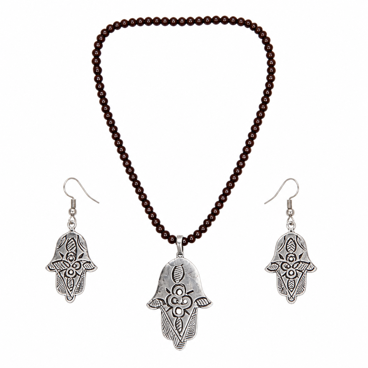 Berber Tuareg Fatima Khamsa Yaz Symbol Necklace Earrings Fibula Jewelry Set