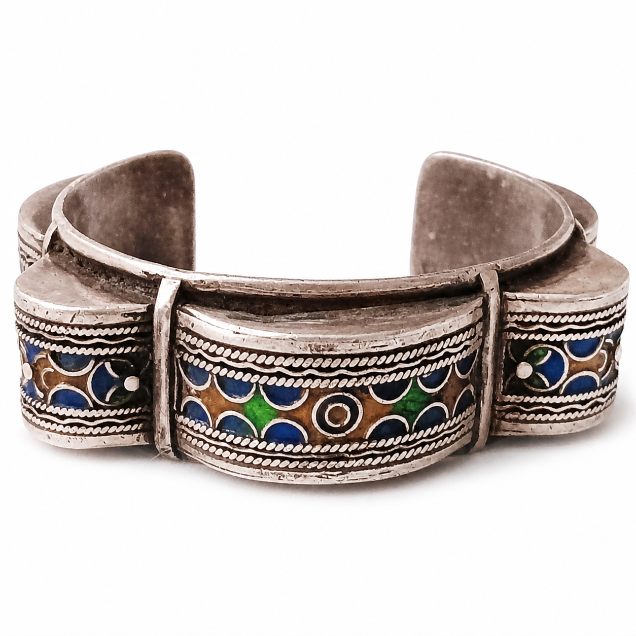 Berber Vintage Enameled Silver Cuff Bracelet for Everyday Personal Jewelry Styling