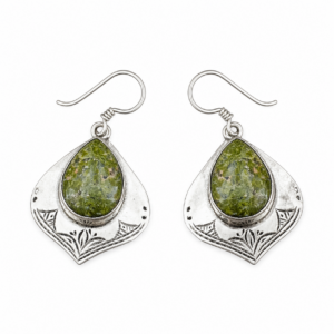Handcrafted Amazigh Green Stone Engraved Silver-Tone Gemstone Dangle Earrings
