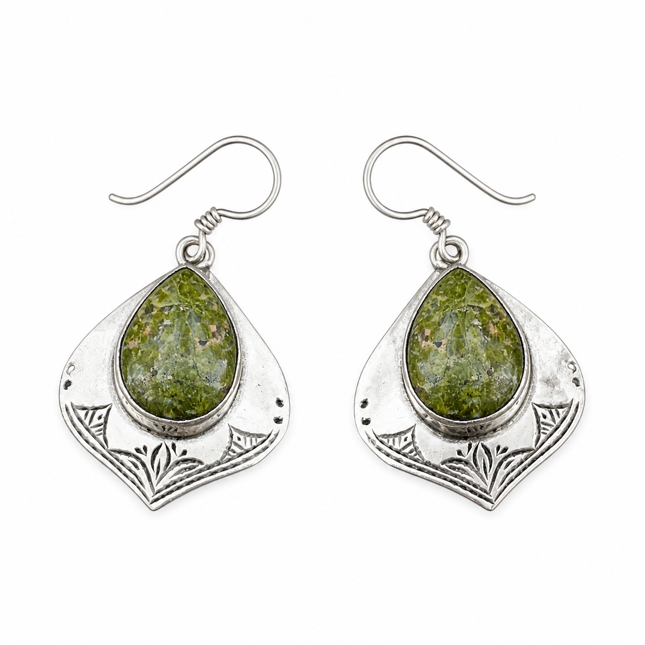 Handcrafted Amazigh Green Stone Engraved Silver-Tone Gemstone Dangle Earrings