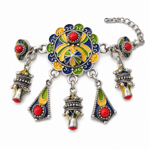 Handmade Amazigh Berber Kabyle Coral Enamel Charm Adjustable Stainless Steel Bracelet