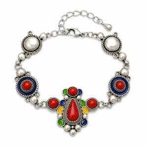Handmade Amazigh Berber Kabyle Red Coral Enamel Adjustable Stainless Steel Bracelet
