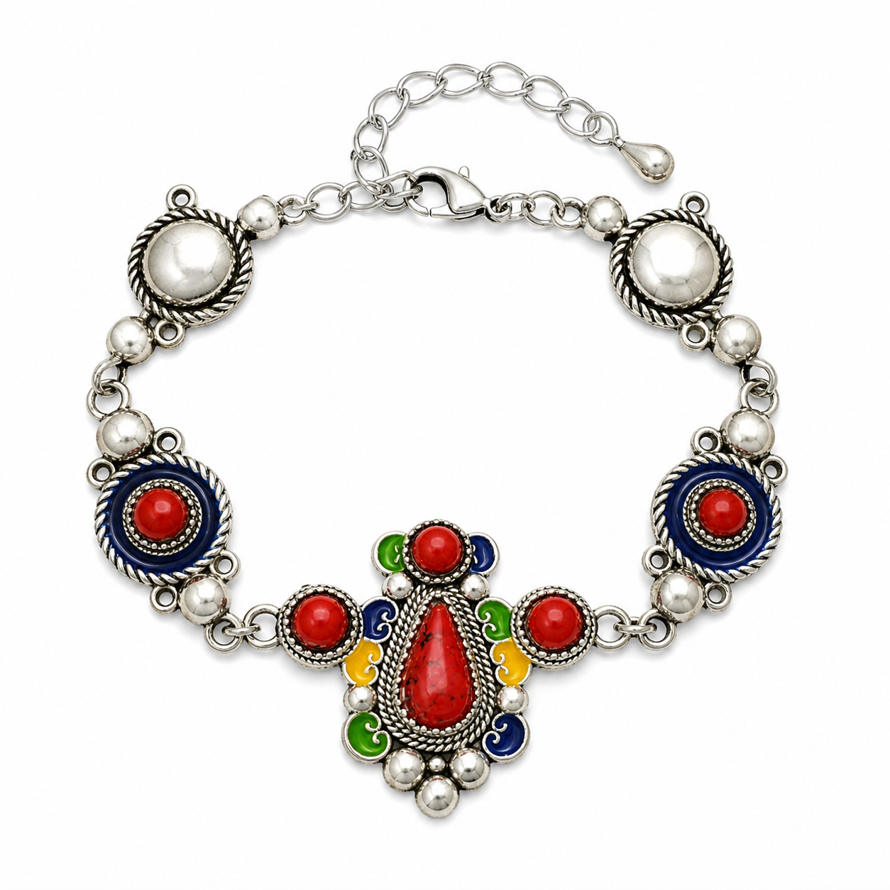 Handmade Amazigh Berber Kabyle Red Coral Enamel Adjustable Stainless Steel Bracelet