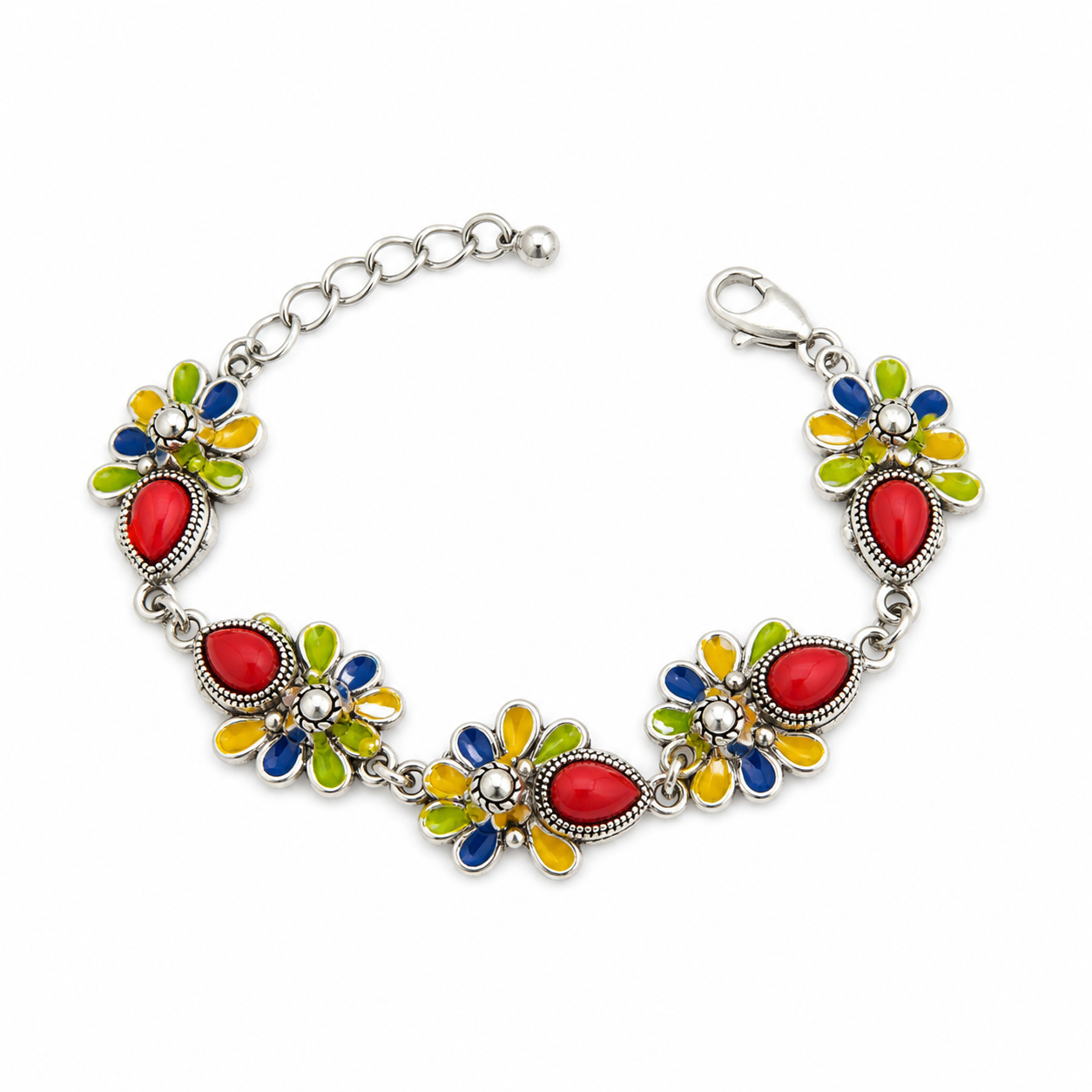 Handmade Amazigh Kabyle Berber Stainless Steel Red Coral Enamel Bracelet