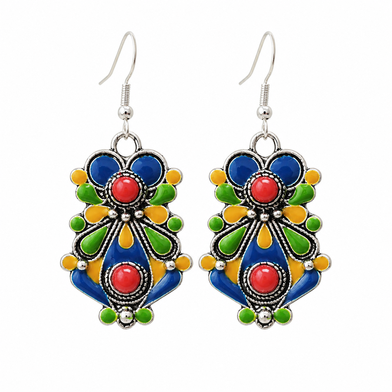 Handmade Amazigh Kabyle Traditional Coral Enamel Stainless Steel Drop Earrings