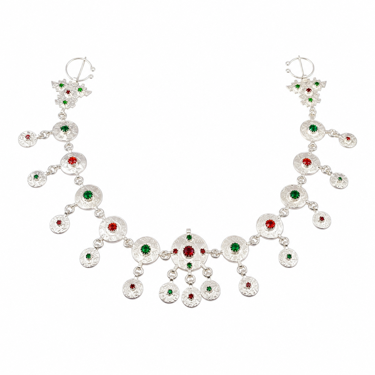 Handmade Amazigh Silver-Plated Necklace with Two Traditional Khelalat Pins