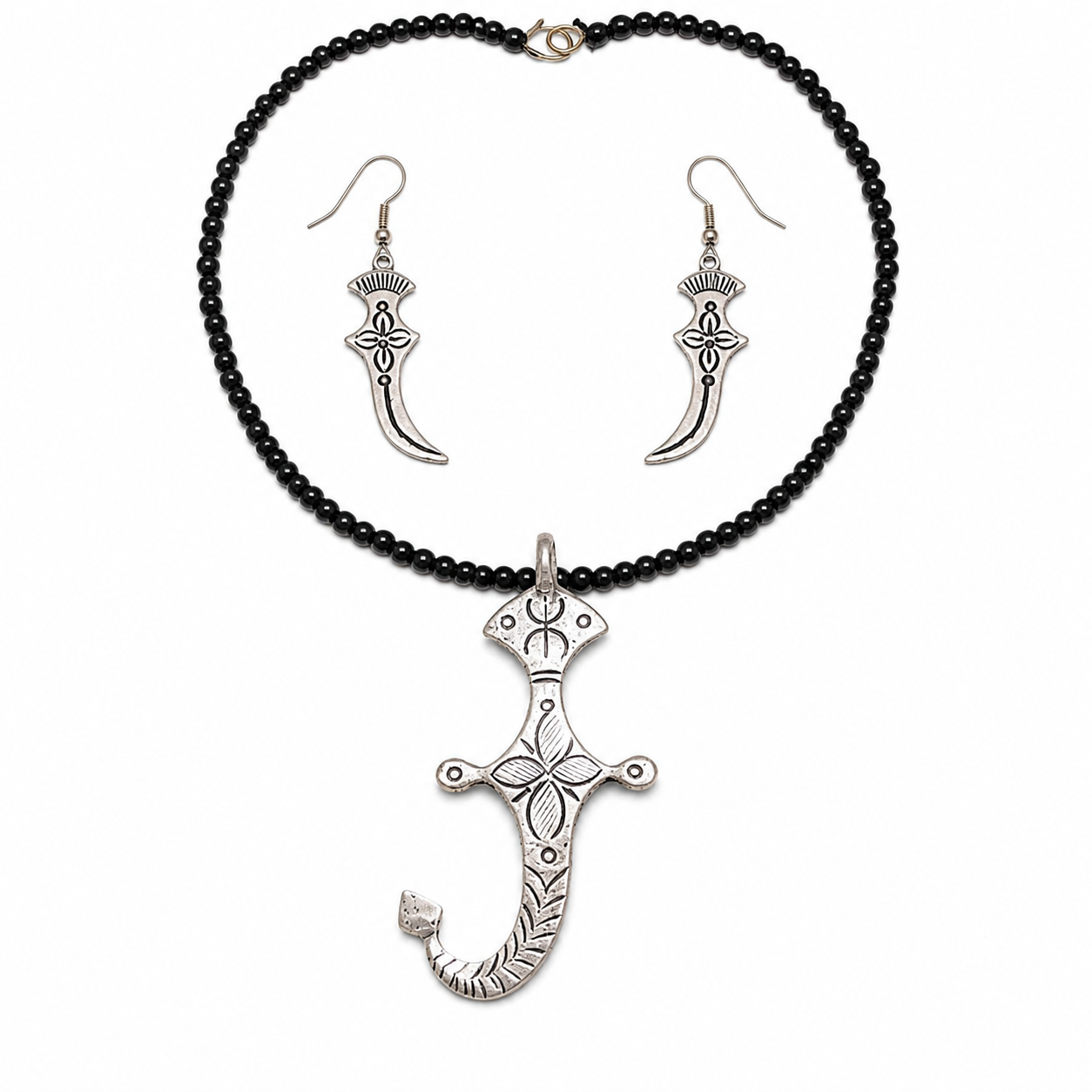 Handmade Berber Tuareg Dagger Jewelry Set with Necklace and Earrings