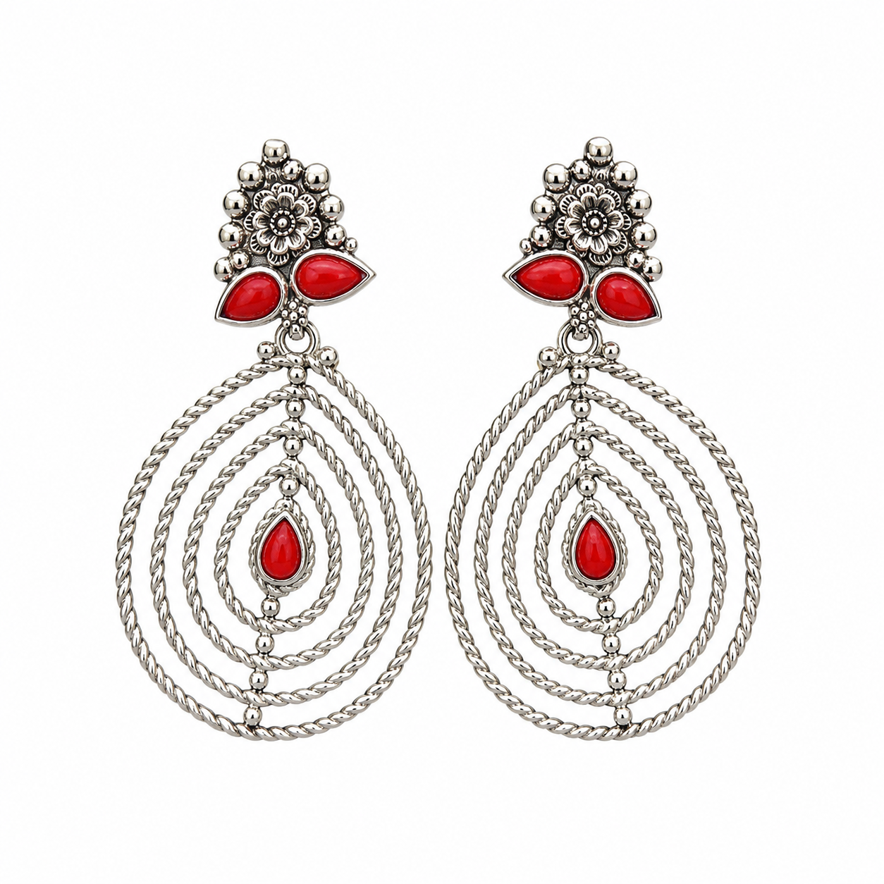 Handmade Kabyle Amazigh Red Coral Leaf Motif Dangle Earrings
