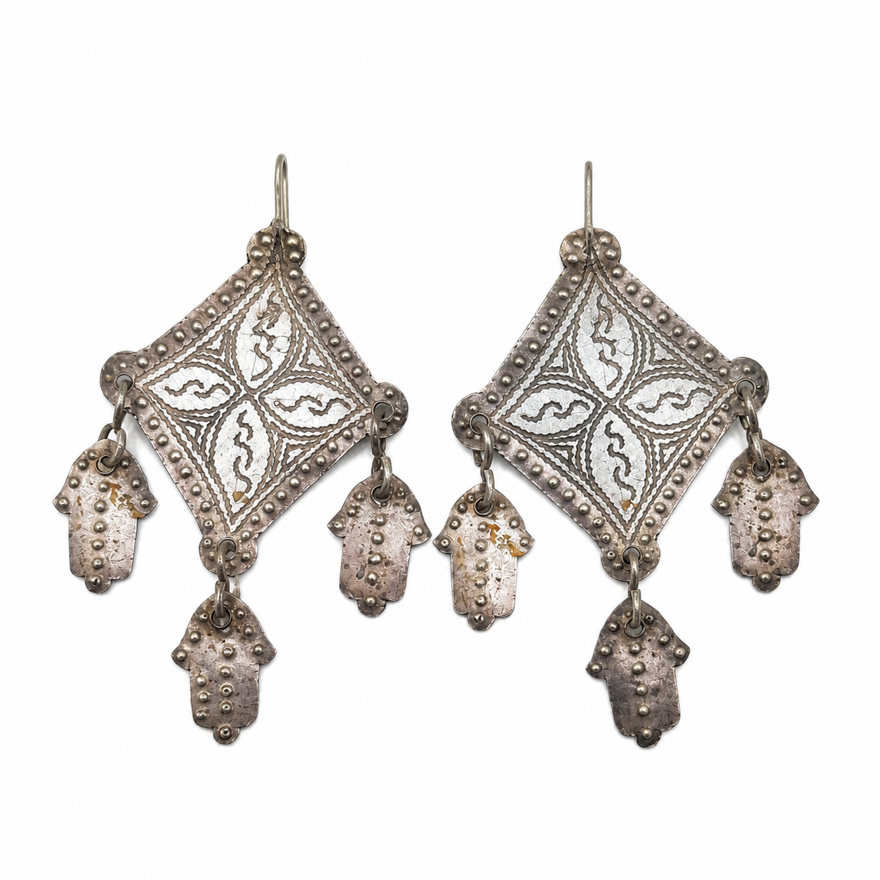 Large Antique Amazigh Berber Chiseled Silver Hamsa Earrings