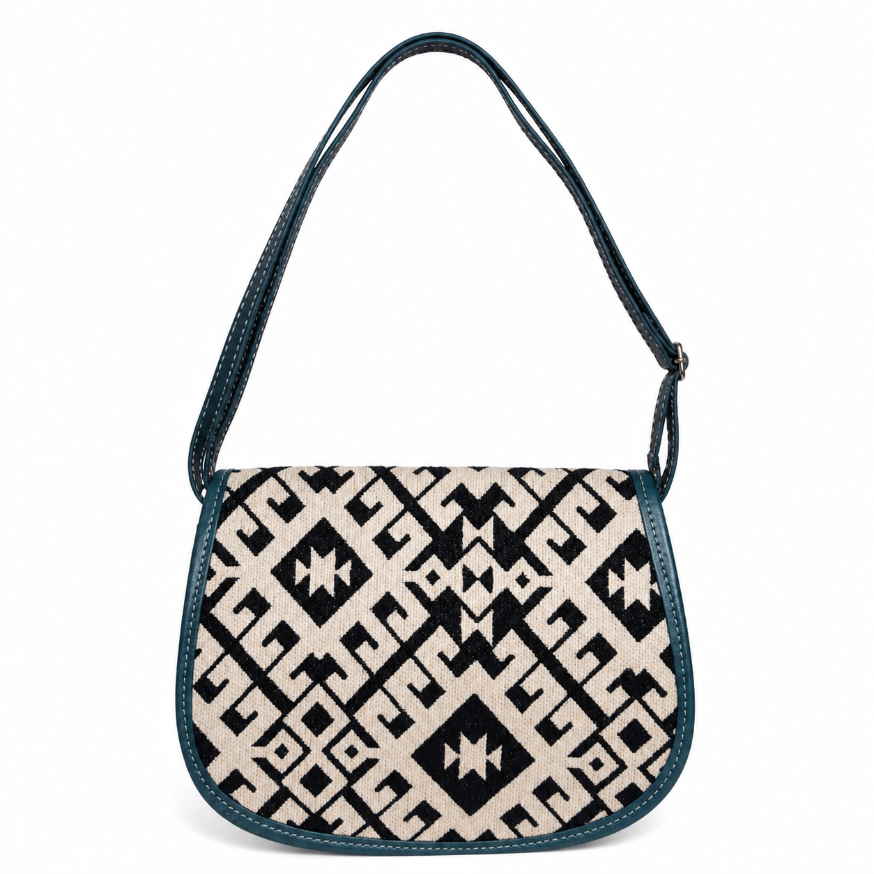 Teal Leather Tunisian Handbag with Amazigh Motifs Shoulder Bag
