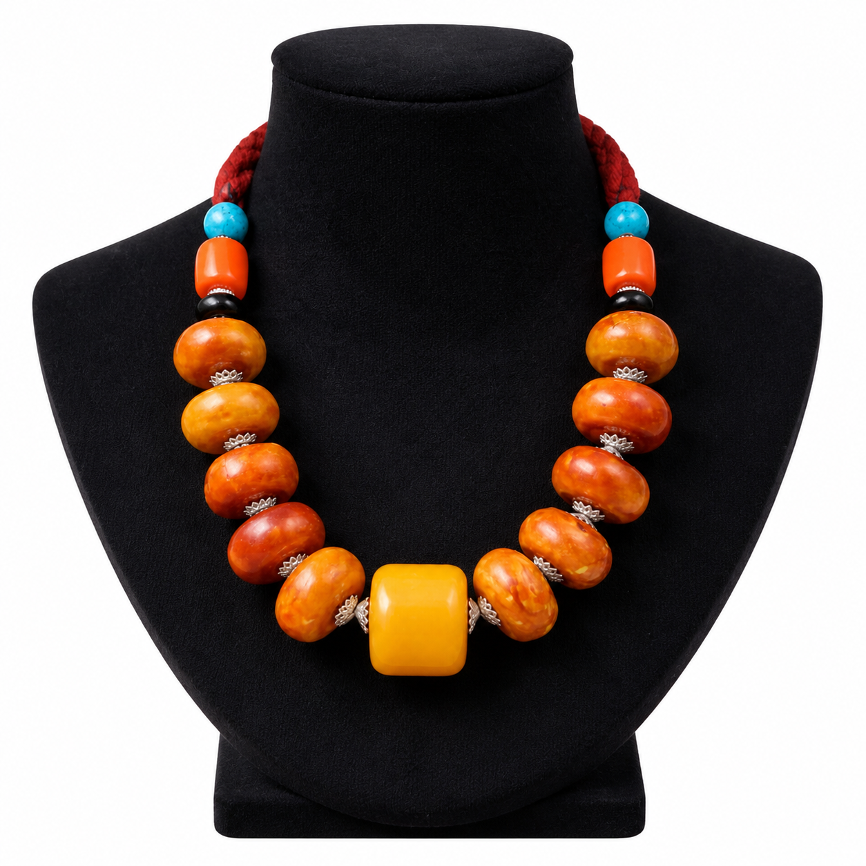 Traditional Amazigh Atlas Necklace with Orange Honey and Turquoise Beads