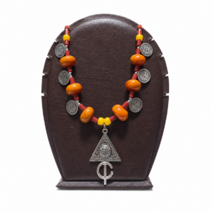 Traditional Amazigh Berber Red Coral Luban Resin Coin Charm Necklace