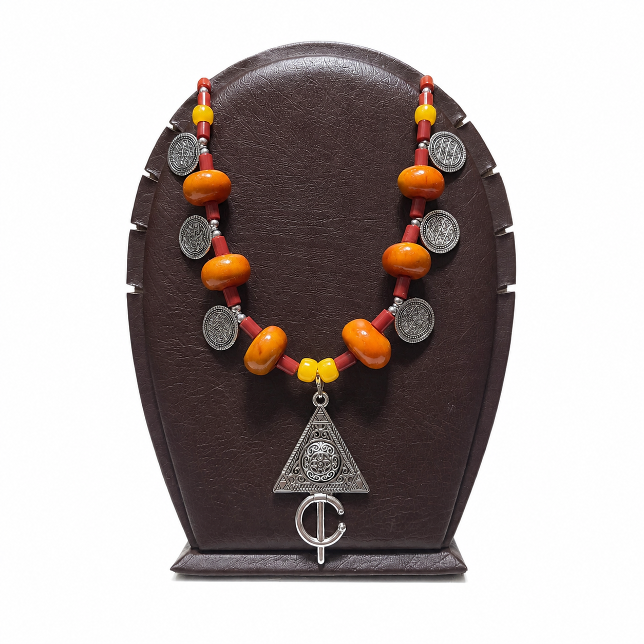 Traditional Amazigh Berber Red Coral Luban Resin Coin Charm Necklace
