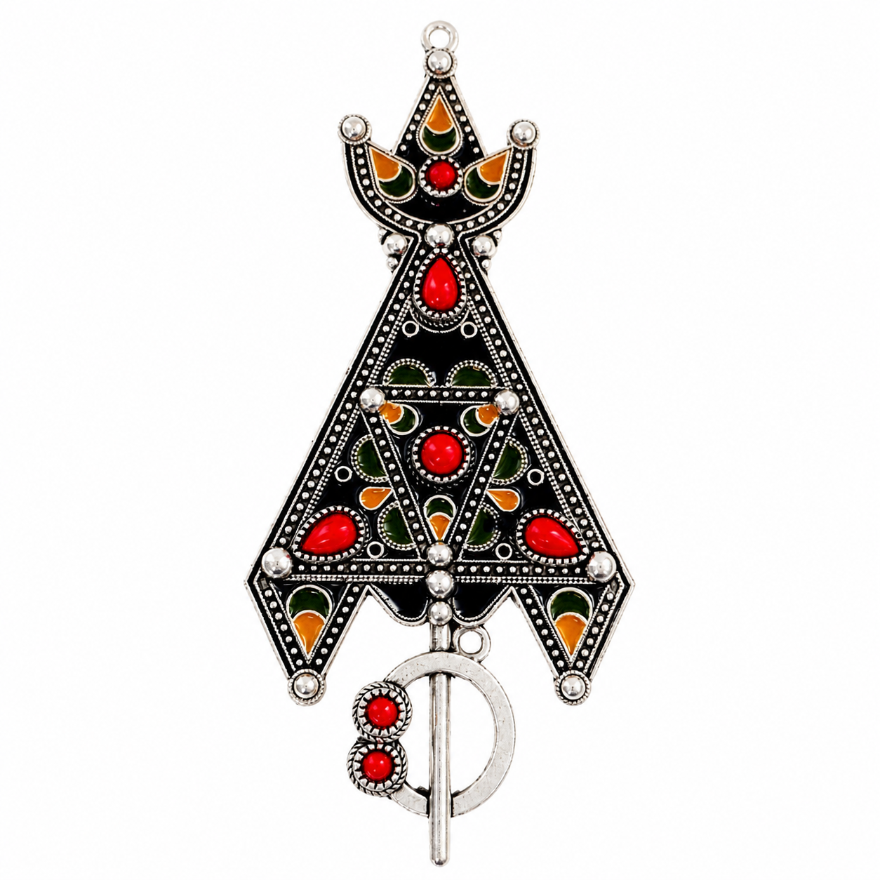 Traditional Amazigh Kabyle Berber Silver-Tone Enamel Metal Jewelry Fibula