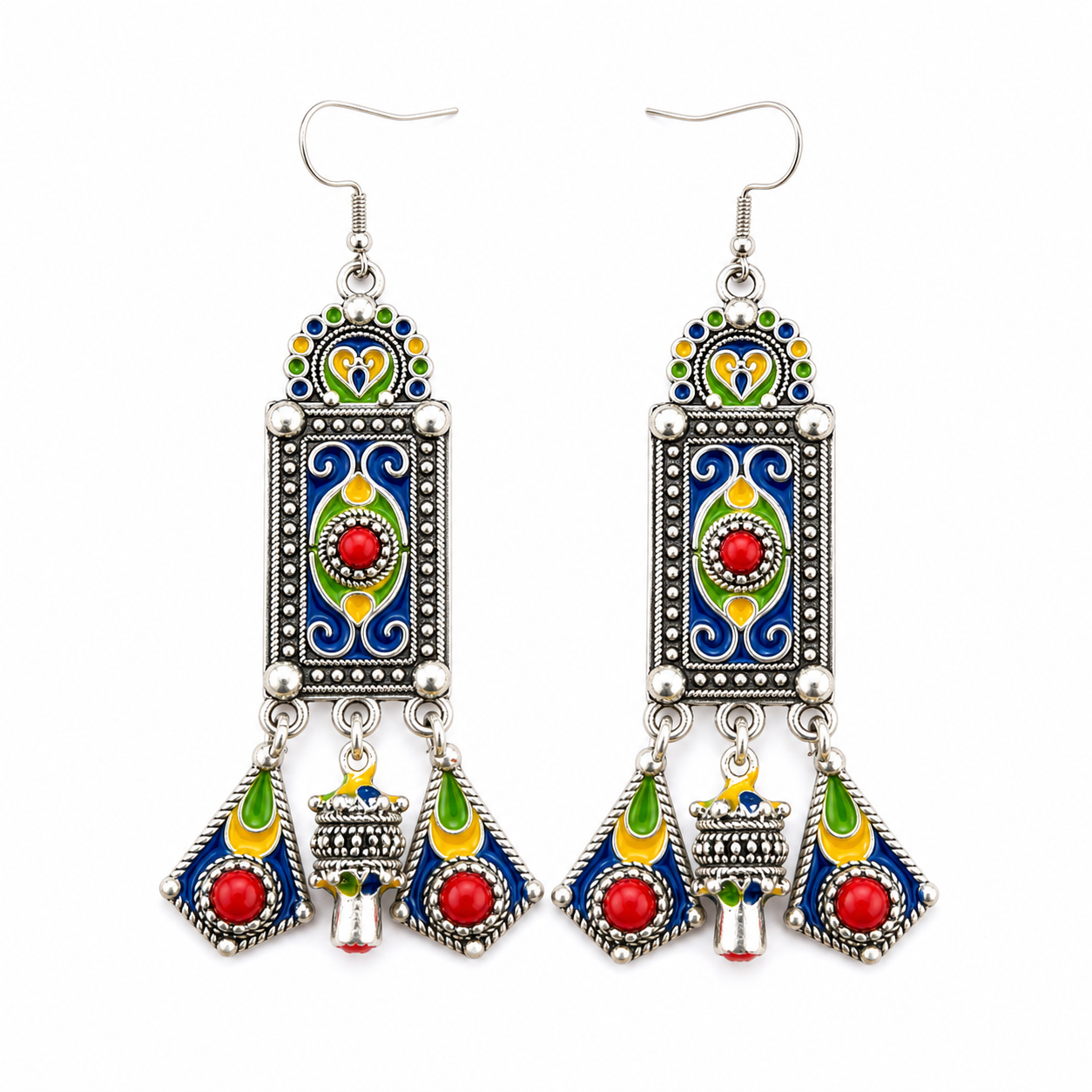 Traditional Kabyle Amazigh Berbères Three-Charm Colorful Dangle Earrings