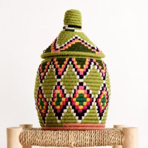 Berber Handmade Woven Palm Basket with Lid and Wool