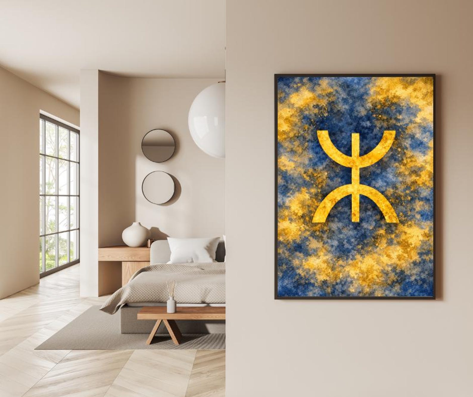 Amazigh Yaz Symbol Berber Blue Gold Abstract Printable Wall Art