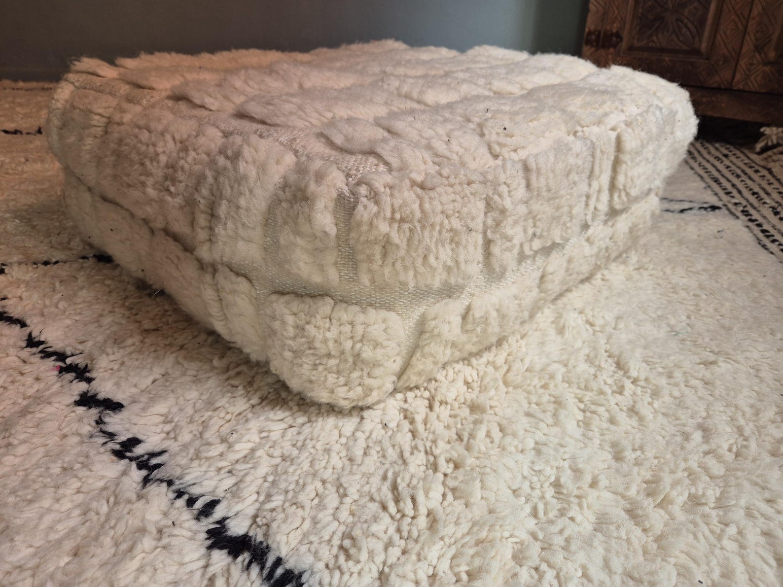 Berber Beni Ourain Square Cover White Wool Pouf