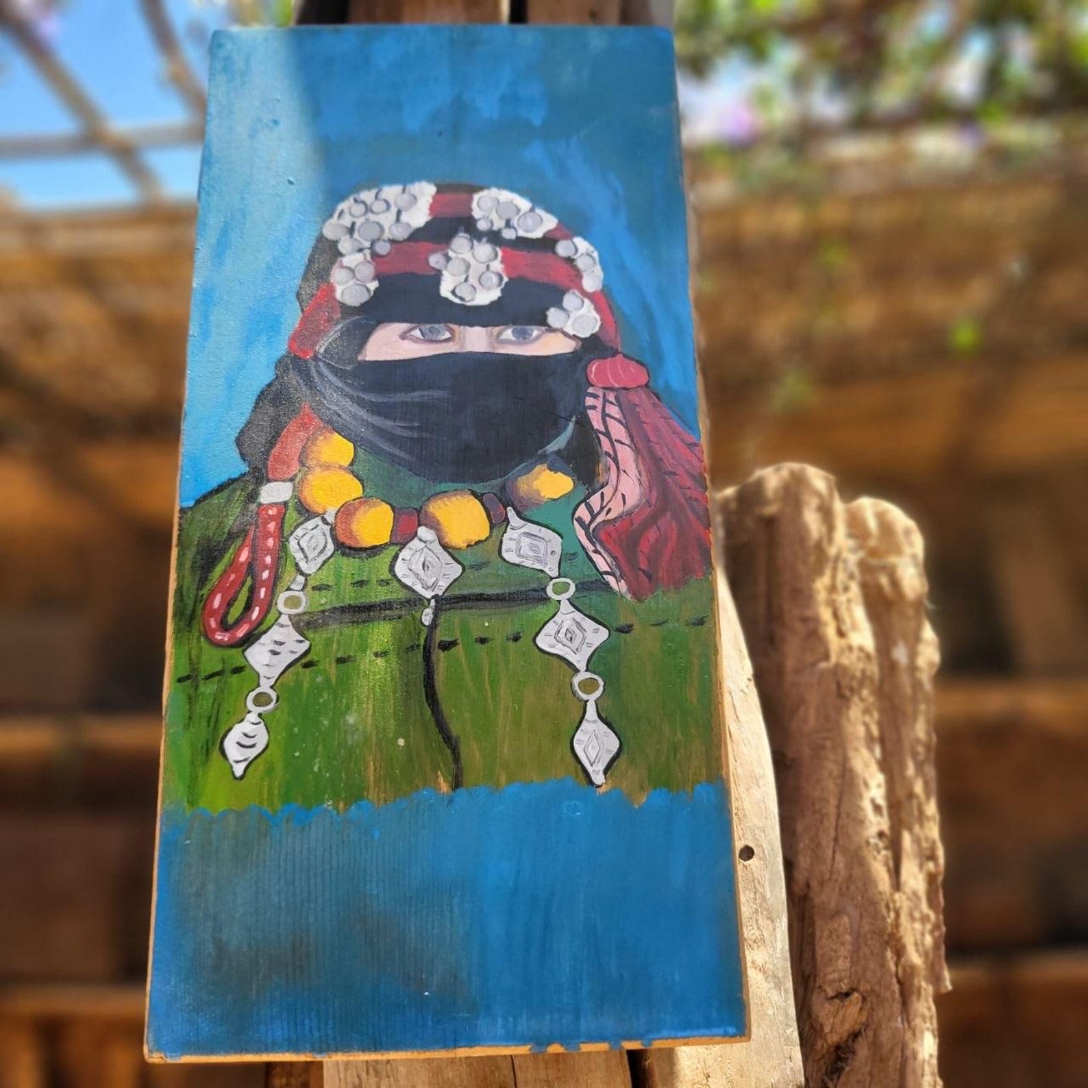 Berber Hand-Painted Woman Portrait Folk Art Wood Cultural