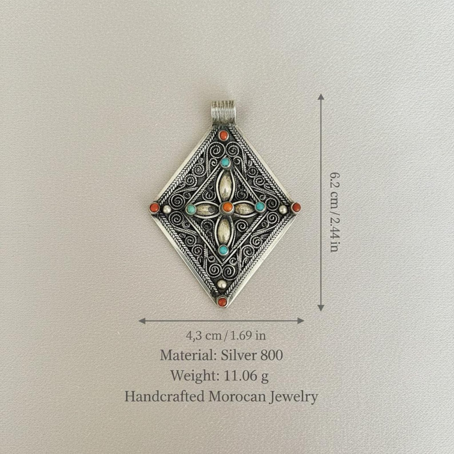 Amazigh Silver Pendant Coral Stone Handmade Jewelry Necklace