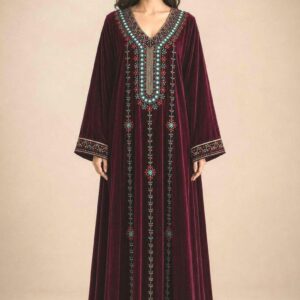 Amazigh Burgundy Velvet Crystal Embroidered Bridal Takchita Kaftan