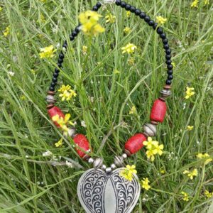 Amazigh Handmade Heart Pendant Red Beaded Statement Necklace