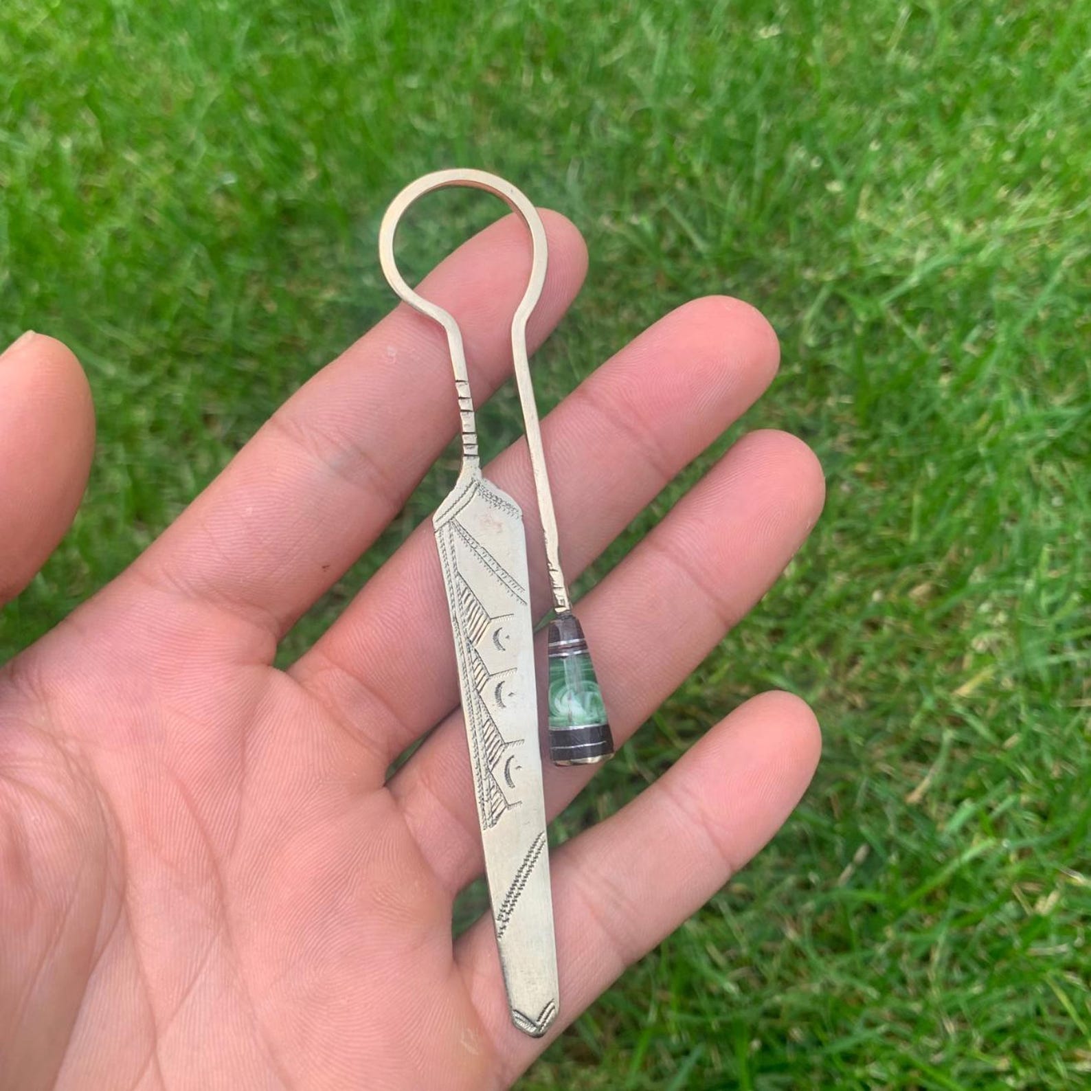 Berber Tuareg Hand-Engraved Metal Bookmark with Round Green Glass