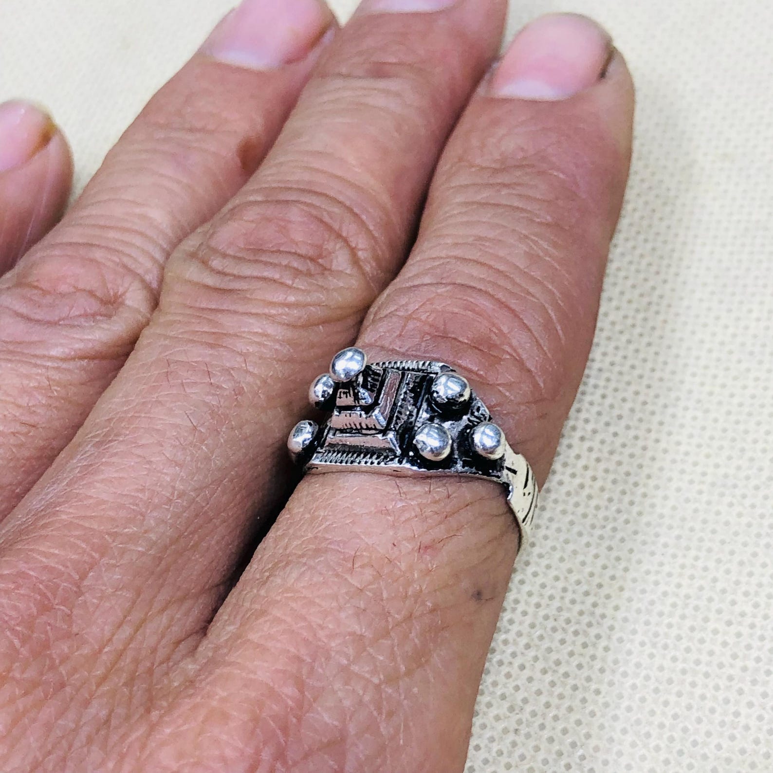 Handmade Amazigh Berber Solid Silver Geometric Pyramid Cone Ring