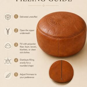 Berber Leather Handmade Cognac Round Ottoman Unstuffed Pouf
