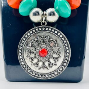 Berber Pendant Necklace with Orange and Green Resin Beads