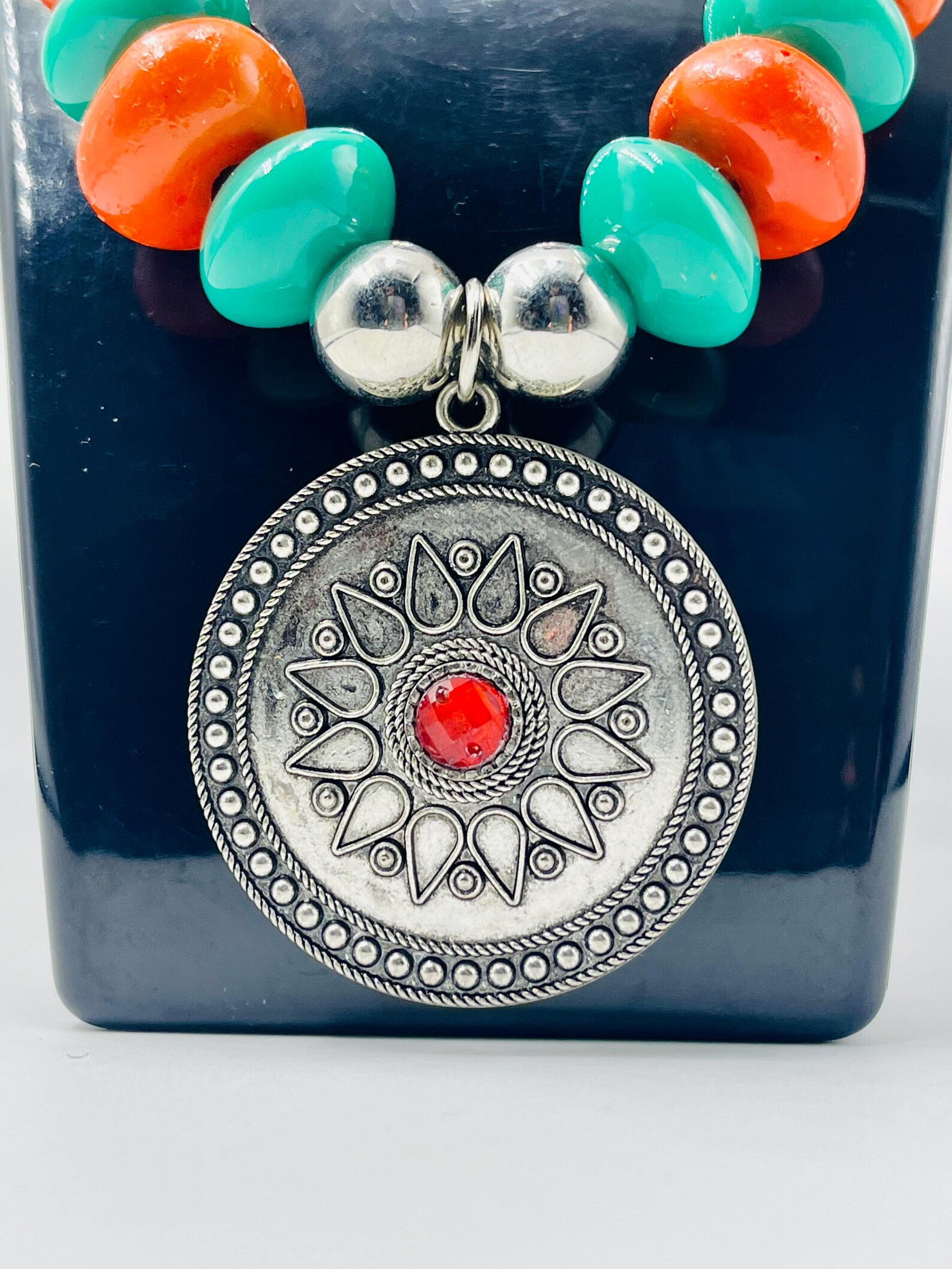 Berber Pendant Necklace with Orange and Green Resin Beads