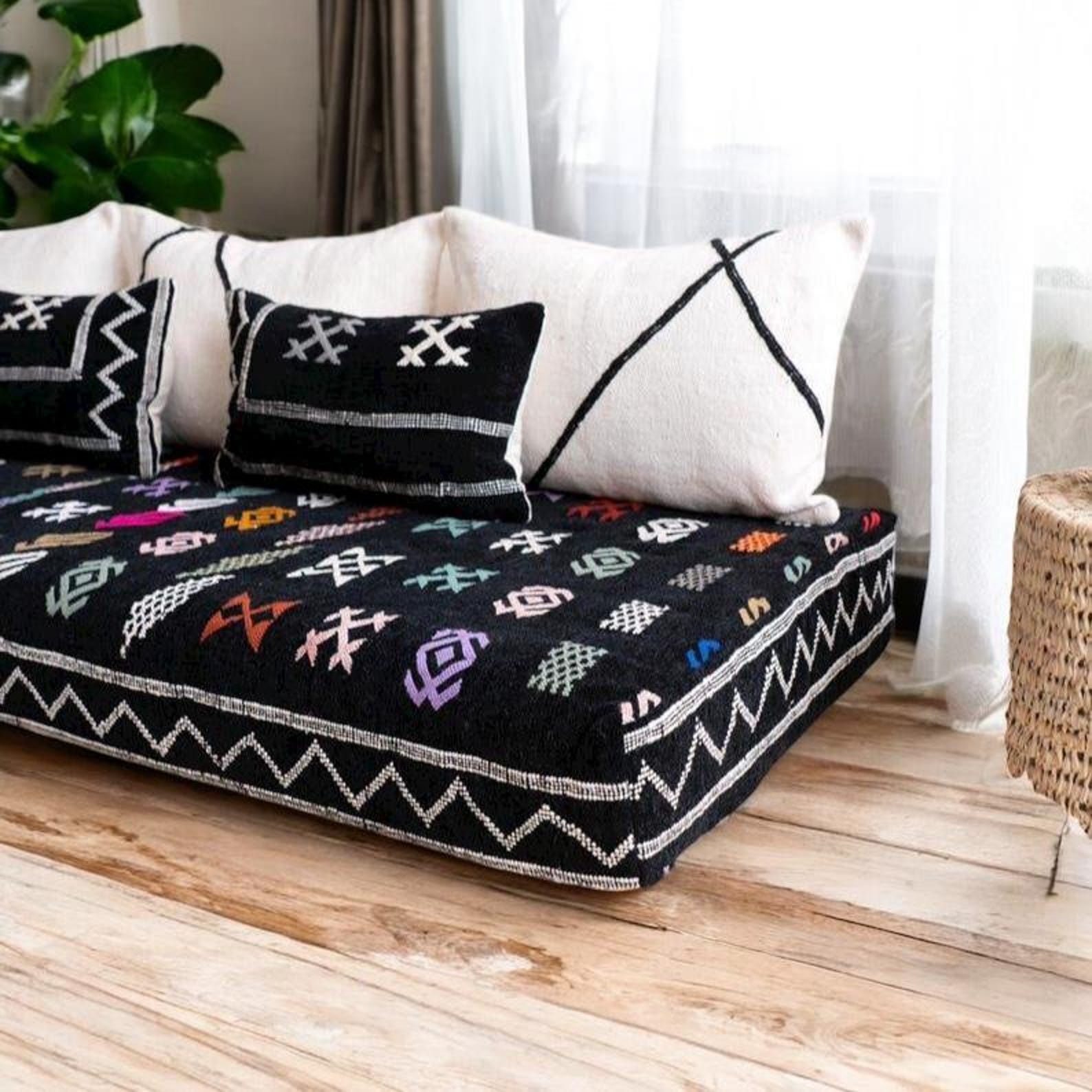 Black Amazigh Hanbel Floor Sofa Colorful Symbol Seating Pouf