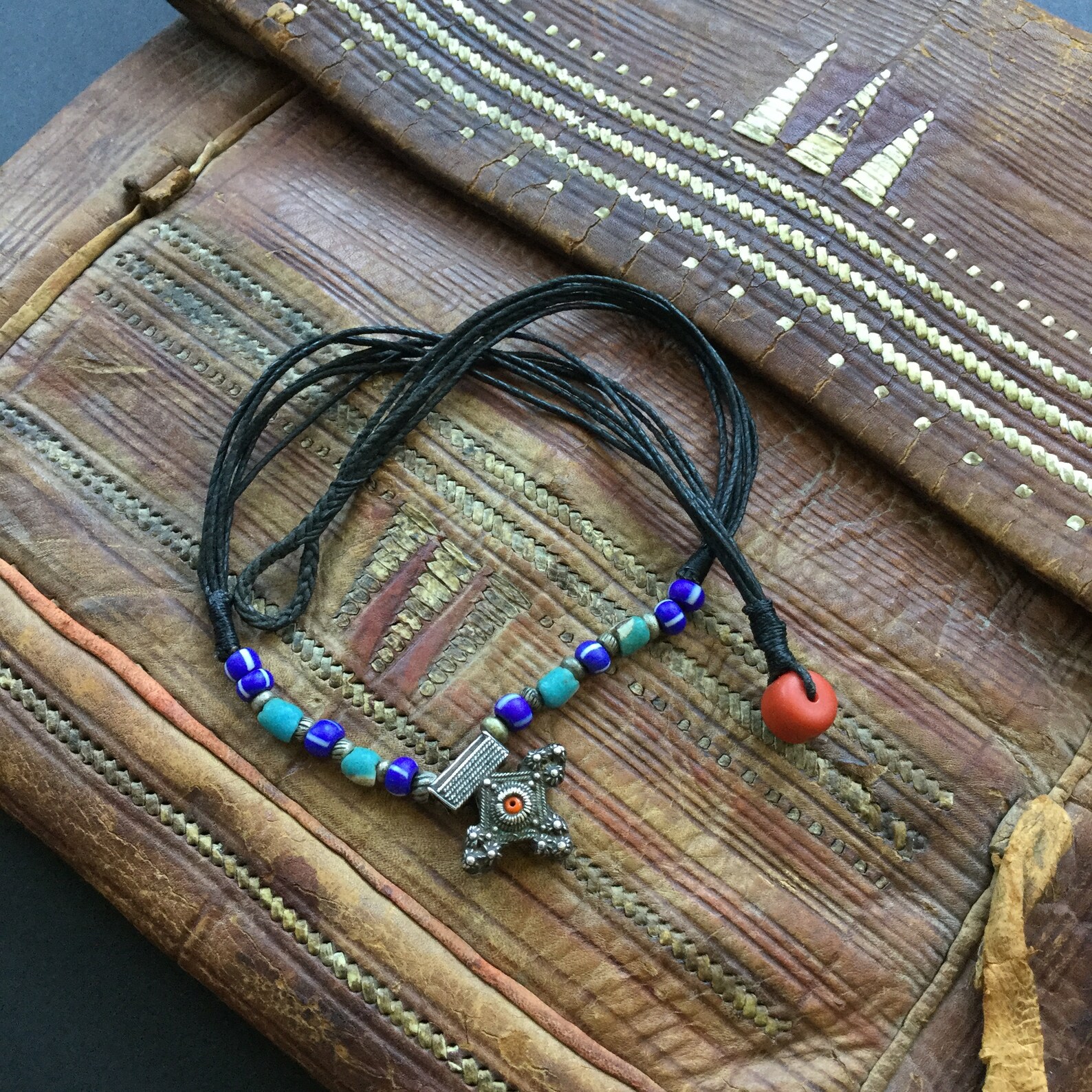 Berber Mauritanian Cross Silver Bead Amulet Necklace Jewelry