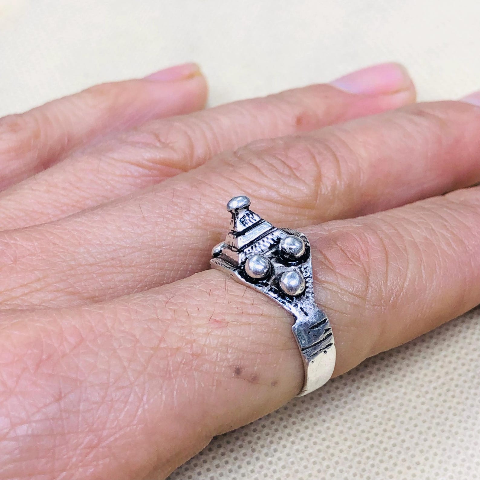 Handmade Amazigh Berber Solid Silver Geometric Pyramid Cone Ring
