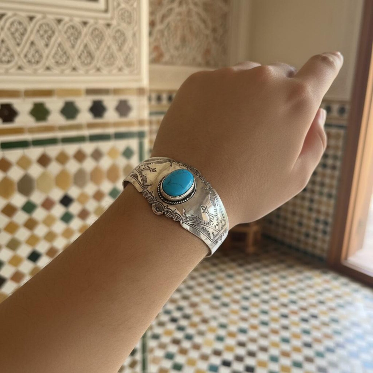 Berber Silver Handmade Turquoise Stone Cuff Jewelry Bracelet